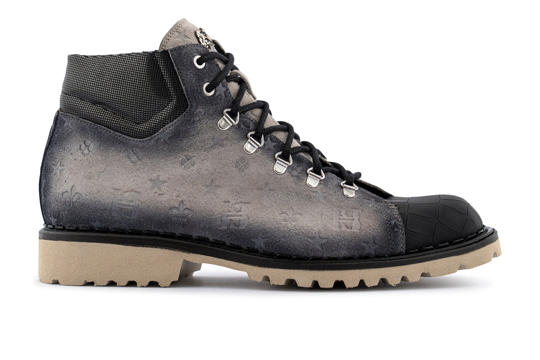 Suede leather ankle boot with crocodile effect