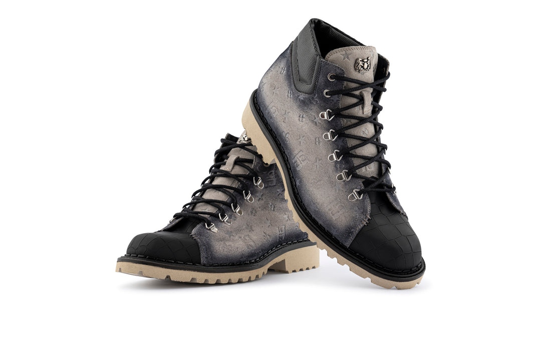 Suede leather ankle boot with crocodile effect