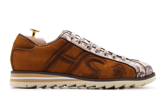 Zapatillas de deporte en gamuza y pitón marrón