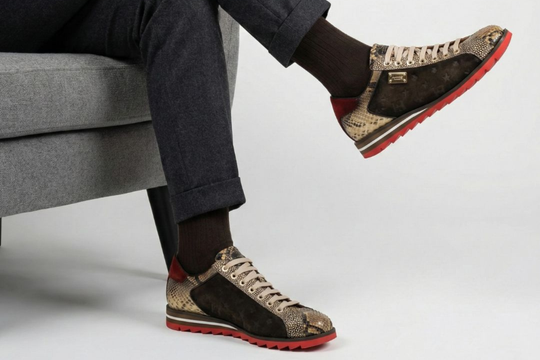 Sneakers in monogram suede and python