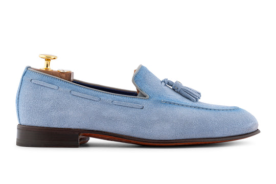 Mocassino in suede con pon pon Celeste