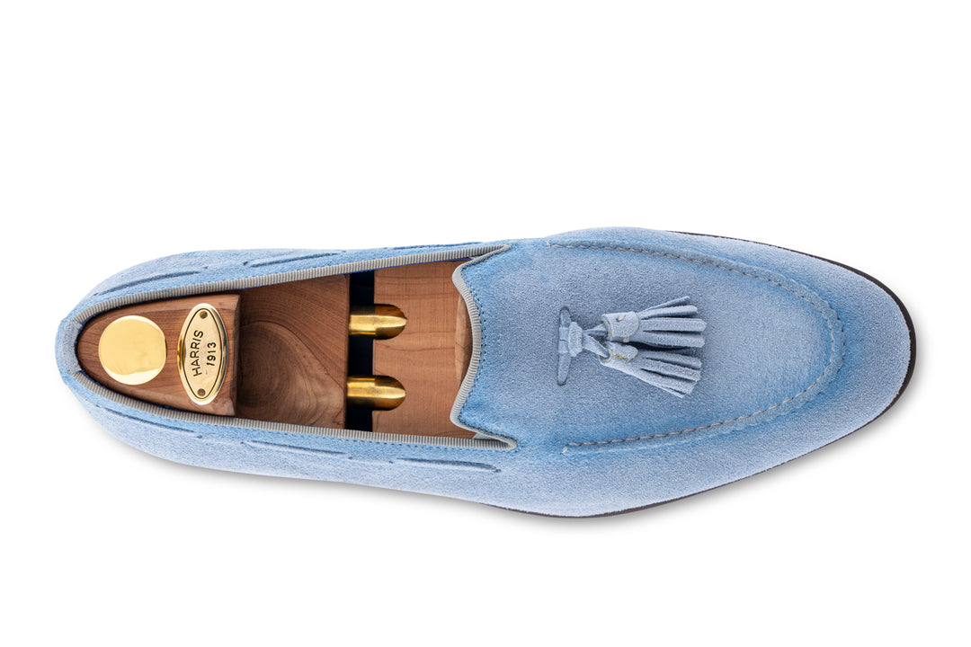 Mocassino in suede con pon pon Celeste