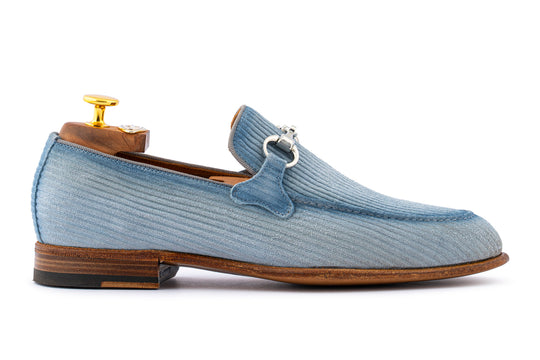 Striped suede moccasin with belt loop