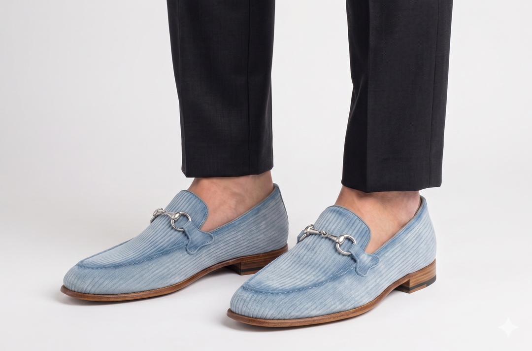 Striped suede moccasin with belt loop