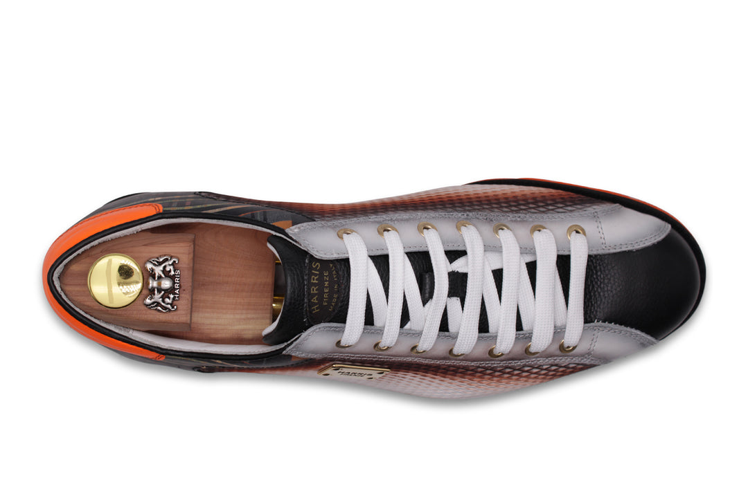 Traforato effect leather sneakers and tweed printing