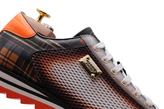 Traforato effect leather sneakers and tweed printing