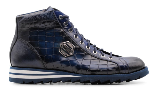 Ankle boot in hand-painted crocodile effect leather