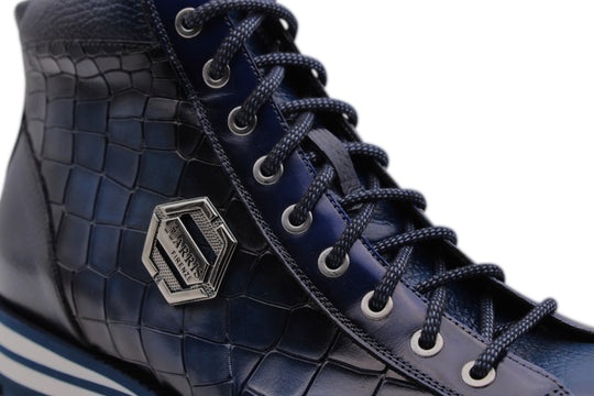 Ankle boot in hand-painted crocodile effect leather